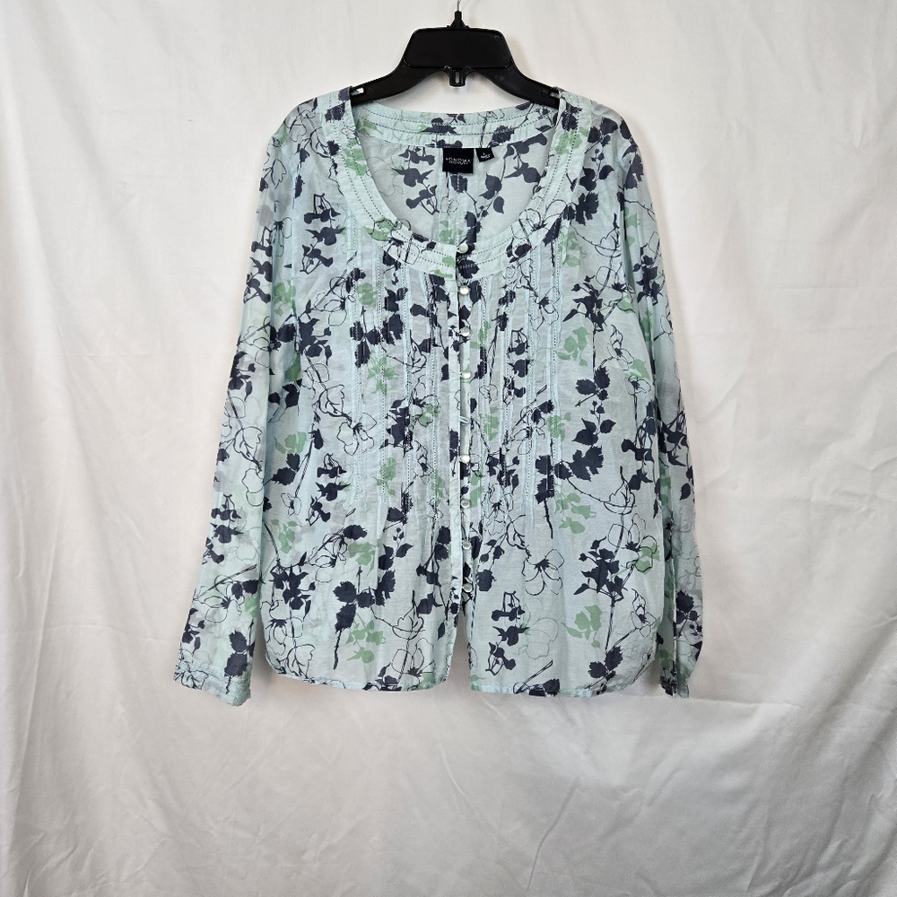 Sonoma Life Style Women's Blue Floral Long Sleeve Silk Blend Button Blouse Large